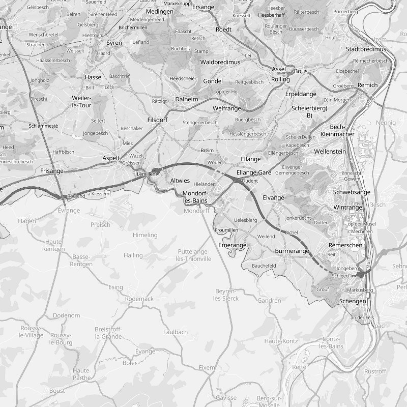 Carte des environs de Mondorf-les-Bains, avec Dalheim au nord, Remich au nord-est et Schengen au sud-est.