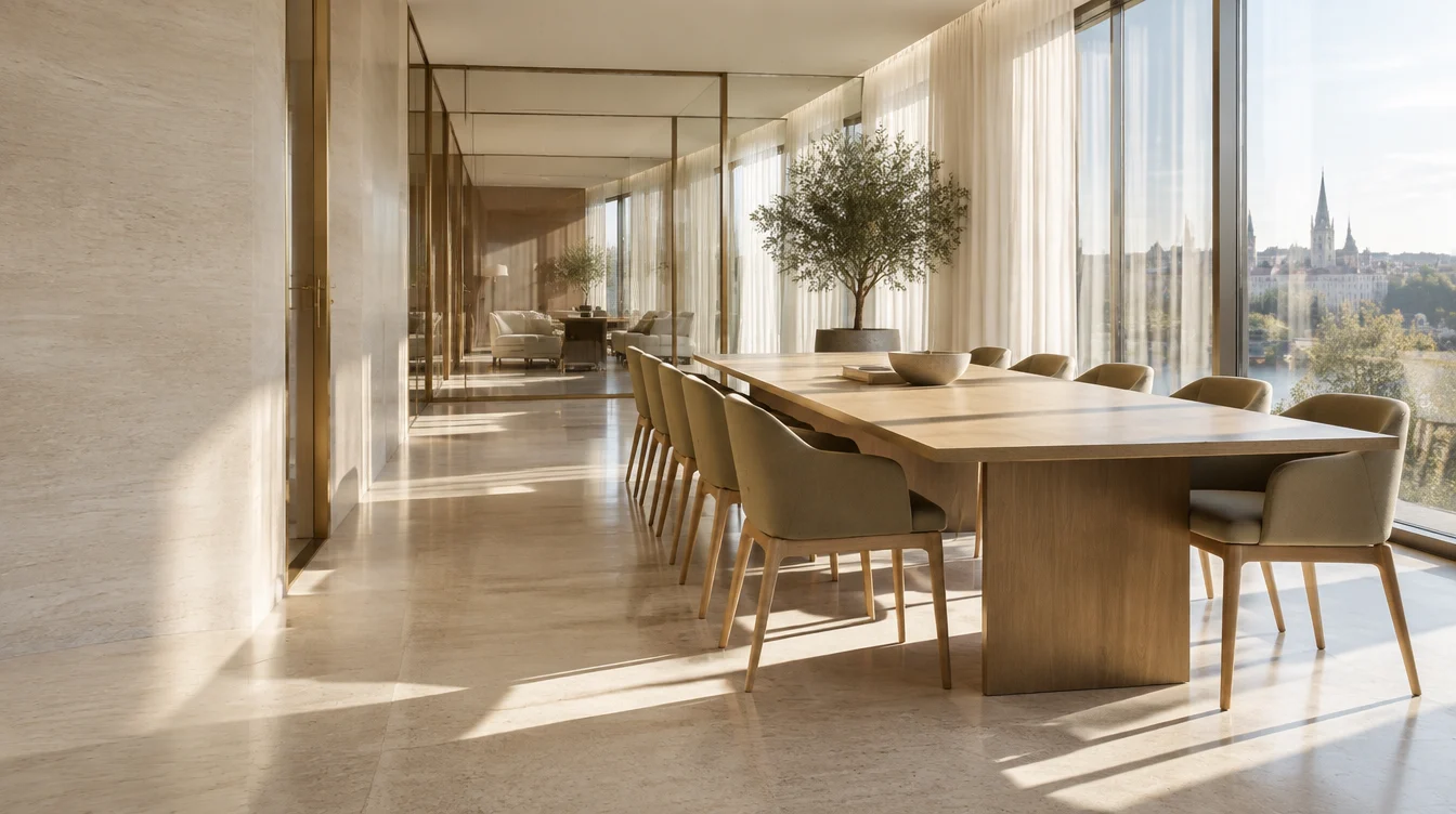 Ambiance de bureaux lumineux, avec table en bois clair et grandes baies vitrées